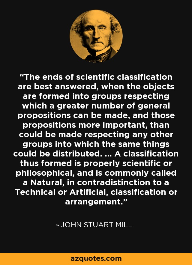 The ends of scientific classification are best answered, when the objects are formed into groups respecting which a greater number of general propositions can be made, and those propositions more important, than could be made respecting any other groups into which the same things could be distributed. ... A classification thus formed is properly scientific or philosophical, and is commonly called a Natural, in contradistinction to a Technical or Artificial, classification or arrangement. - John Stuart Mill