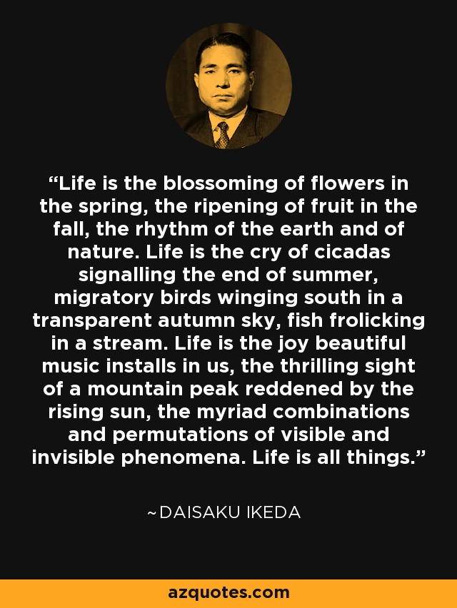 Life is the blossoming of flowers in the spring, the ripening of fruit in the fall, the rhythm of the earth and of nature. Life is the cry of cicadas signalling the end of summer, migratory birds winging south in a transparent autumn sky, fish frolicking in a stream. Life is the joy beautiful music installs in us, the thrilling sight of a mountain peak reddened by the rising sun, the myriad combinations and permutations of visible and invisible phenomena. Life is all things. - Daisaku Ikeda