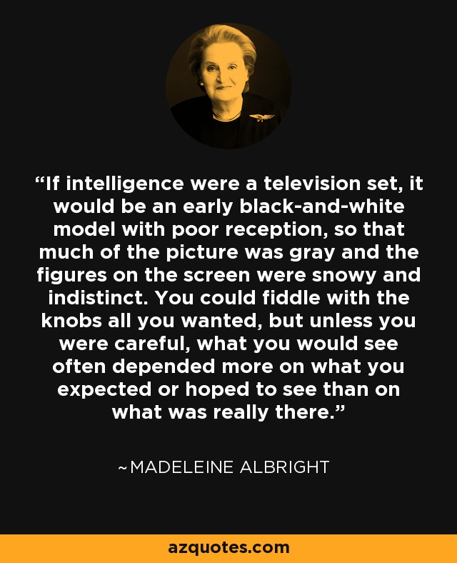 If intelligence were a television set, it would be an early black-and-white model with poor reception, so that much of the picture was gray and the figures on the screen were snowy and indistinct. You could fiddle with the knobs all you wanted, but unless you were careful, what you would see often depended more on what you expected or hoped to see than on what was really there. - Madeleine Albright