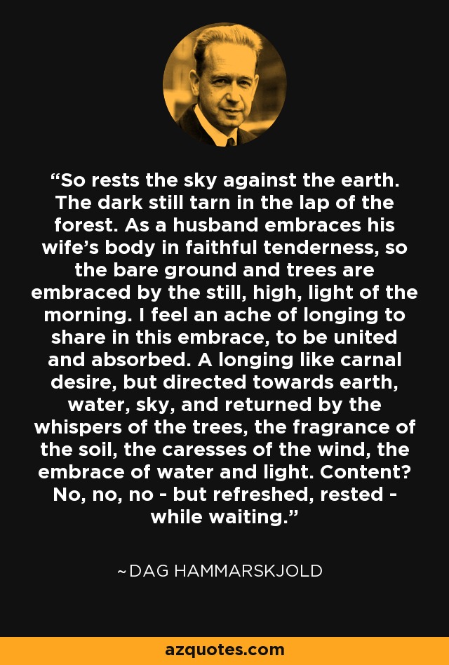 So rests the sky against the earth. The dark still tarn in the lap of the forest. As a husband embraces his wife's body in faithful tenderness, so the bare ground and trees are embraced by the still, high, light of the morning. I feel an ache of longing to share in this embrace, to be united and absorbed. A longing like carnal desire, but directed towards earth, water, sky, and returned by the whispers of the trees, the fragrance of the soil, the caresses of the wind, the embrace of water and light. Content? No, no, no - but refreshed, rested - while waiting. - Dag Hammarskjold
