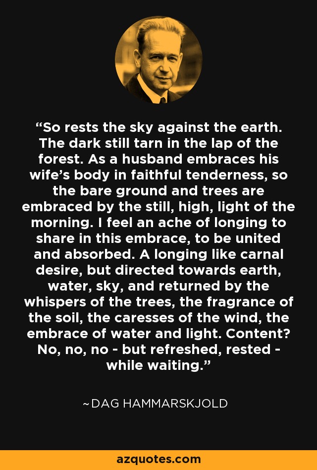 So rests the sky against the earth. The dark still tarn in the lap of the forest. As a husband embraces his wife's body in faithful tenderness, so the bare ground and trees are embraced by the still, high, light of the morning. I feel an ache of longing to share in this embrace, to be united and absorbed. A longing like carnal desire, but directed towards earth, water, sky, and returned by the whispers of the trees, the fragrance of the soil, the caresses of the wind, the embrace of water and light. Content? No, no, no - but refreshed, rested - while waiting. - Dag Hammarskjold