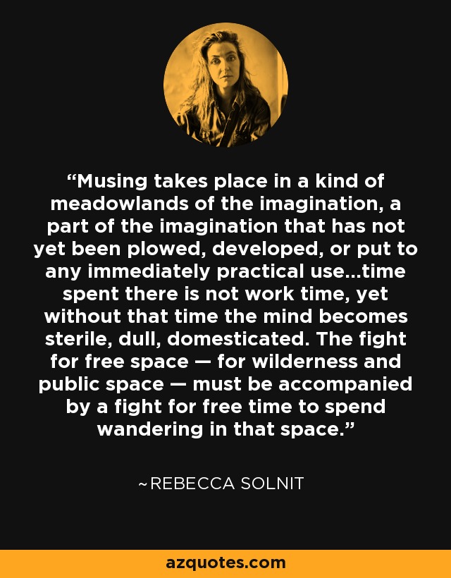 Musing takes place in a kind of meadowlands of the imagination, a part of the imagination that has not yet been plowed, developed, or put to any immediately practical use…time spent there is not work time, yet without that time the mind becomes sterile, dull, domesticated. The fight for free space — for wilderness and public space — must be accompanied by a fight for free time to spend wandering in that space. - Rebecca Solnit