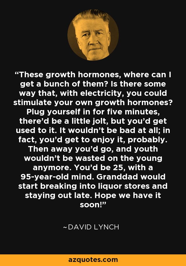 These growth hormones, where can I get a bunch of them? Is there some way that, with electricity, you could stimulate your own growth hormones? Plug yourself in for five minutes, there'd be a little jolt, but you'd get used to it. It wouldn't be bad at all; in fact, you'd get to enjoy it, probably. Then away you'd go, and youth wouldn't be wasted on the young anymore. You'd be 25, with a 95-year-old mind. Granddad would start breaking into liquor stores and staying out late. Hope we have it soon! - David Lynch