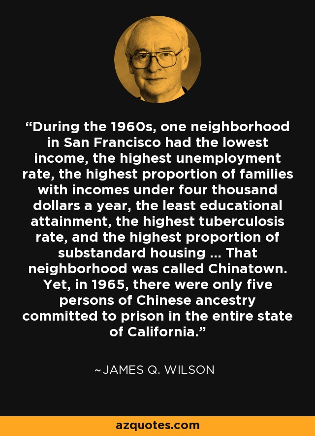 During the 1960s, one neighborhood in San Francisco had the lowest income, the highest unemployment rate, the highest proportion of families with incomes under four thousand dollars a year, the least educational attainment, the highest tuberculosis rate, and the highest proportion of substandard housing ... That neighborhood was called Chinatown. Yet, in 1965, there were only five persons of Chinese ancestry committed to prison in the entire state of California. - James Q. Wilson