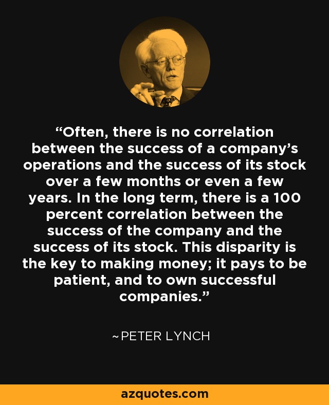 Often, there is no correlation between the success of a company's operations and the success of its stock over a few months or even a few years. In the long term, there is a 100 percent correlation between the success of the company and the success of its stock. This disparity is the key to making money; it pays to be patient, and to own successful companies. - Peter Lynch