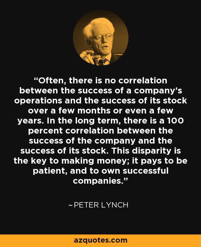 Often, there is no correlation between the success of a company's operations and the success of its stock over a few months or even a few years. In the long term, there is a 100 percent correlation between the success of the company and the success of its stock. This disparity is the key to making money; it pays to be patient, and to own successful companies. - Peter Lynch