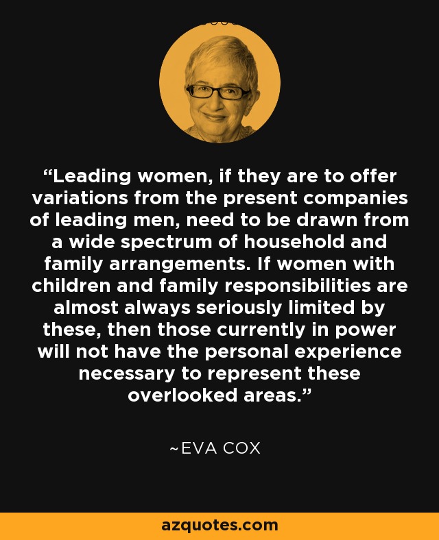 Leading women, if they are to offer variations from the present companies of leading men, need to be drawn from a wide spectrum of household and family arrangements. If women with children and family responsibilities are almost always seriously limited by these, then those currently in power will not have the personal experience necessary to represent these overlooked areas. - Eva Cox