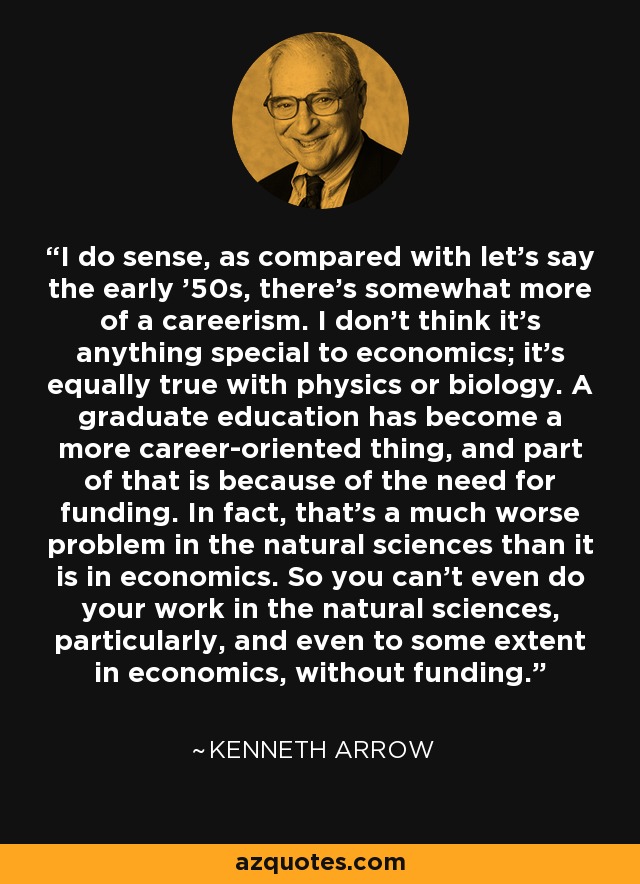 I do sense, as compared with let's say the early '50s, there's somewhat more of a careerism. I don't think it's anything special to economics; it's equally true with physics or biology. A graduate education has become a more career-oriented thing, and part of that is because of the need for funding. In fact, that's a much worse problem in the natural sciences than it is in economics. So you can't even do your work in the natural sciences, particularly, and even to some extent in economics, without funding. - Kenneth Arrow