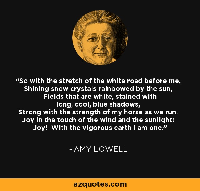 So with the stretch of the white road before me, Shining snow crystals rainbowed by the sun, Fields that are white, stained with long, cool, blue shadows, Strong with the strength of my horse as we run. Joy in the touch of the wind and the sunlight! Joy! With the vigorous earth I am one. - Amy Lowell