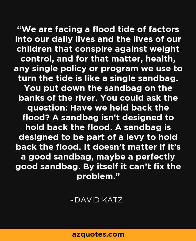 We are facing a flood tide of factors into our daily lives and the lives of our children that conspire against weight control, and for that matter, health, any single policy or program we use to turn the tide is like a single sandbag. You put down the sandbag on the banks of the river. You could ask the question: Have we held back the flood? A sandbag isn't designed to hold back the flood. A sandbag is designed to be part of a levy to hold back the flood. It doesn't matter if it's a good sandbag, maybe a perfectly good sandbag. By itself it can't fix the problem. - David Katz