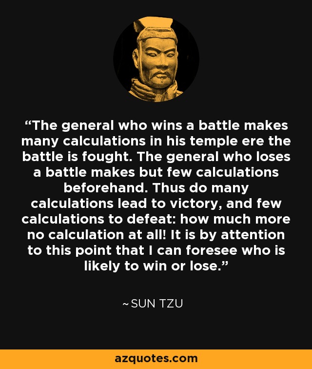 The general who wins a battle makes many calculations in his temple ere the battle is fought. The general who loses a battle makes but few calculations beforehand. Thus do many calculations lead to victory, and few calculations to defeat: how much more no calculation at all! It is by attention to this point that I can foresee who is likely to win or lose. - Sun Tzu