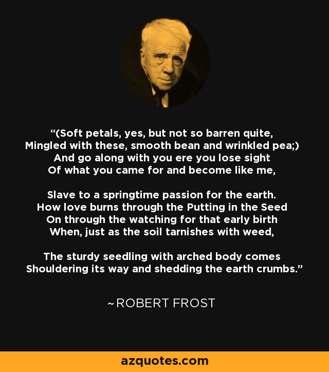 (Soft petals, yes, but not so barren quite, Mingled with these, smooth bean and wrinkled pea;) And go along with you ere you lose sight Of what you came for and become like me, Slave to a springtime passion for the earth. How love burns through the Putting in the Seed On through the watching for that early birth When, just as the soil tarnishes with weed, The sturdy seedling with arched body comes Shouldering its way and shedding the earth crumbs. - Robert Frost