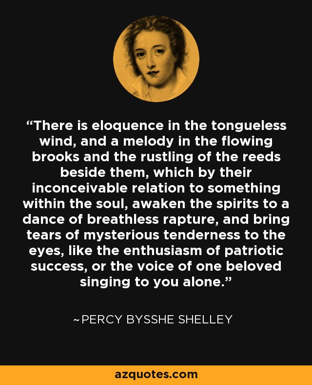 There is eloquence in the tongueless wind, and a melody in the flowing brooks and the rustling of the reeds beside them, which by their inconceivable relation to something within the soul, awaken the spirits to a dance of breathless rapture, and bring tears of mysterious tenderness to the eyes, like the enthusiasm of patriotic success, or the voice of one beloved singing to you alone. - Percy Bysshe Shelley