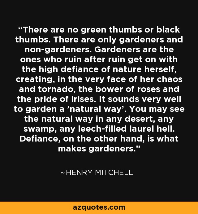 There are no green thumbs or black thumbs. There are only gardeners and non-gardeners. Gardeners are the ones who ruin after ruin get on with the high defiance of nature herself, creating, in the very face of her chaos and tornado, the bower of roses and the pride of irises. It sounds very well to garden a 'natural way'. You may see the natural way in any desert, any swamp, any leech-filled laurel hell. Defiance, on the other hand, is what makes gardeners. - Henry Mitchell