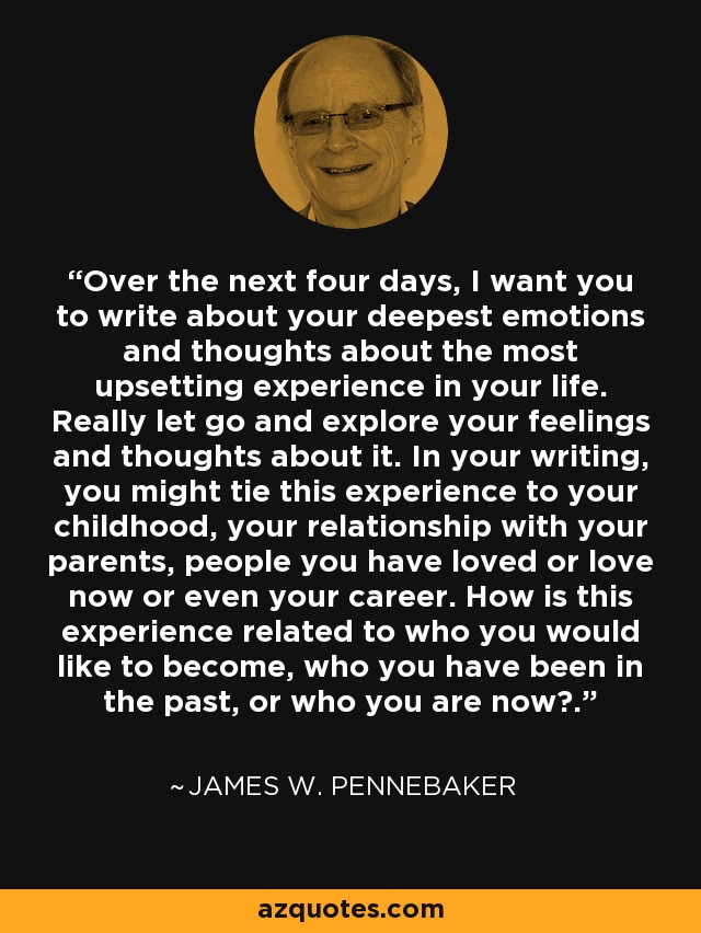 Over the next four days, I want you to write about your deepest emotions and thoughts about the most upsetting experience in your life. Really let go and explore your feelings and thoughts about it. In your writing, you might tie this experience to your childhood, your relationship with your parents, people you have loved or love now or even your career. How is this experience related to who you would like to become, who you have been in the past, or who you are now?. - James W. Pennebaker