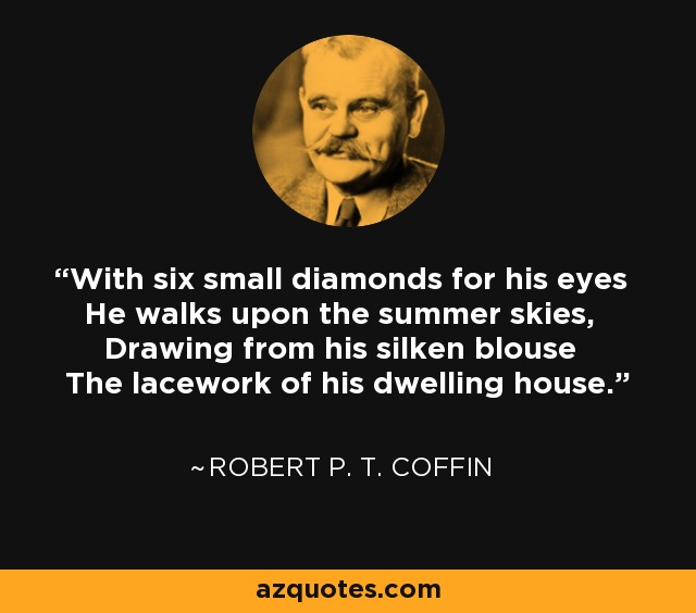 With six small diamonds for his eyes He walks upon the summer skies, Drawing from his silken blouse The lacework of his dwelling house. - Robert P. T. Coffin