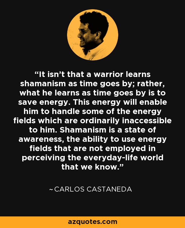 It isn't that a warrior learns shamanism as time goes by; rather, what he learns as time goes by is to save energy. This energy will enable him to handle some of the energy fields which are ordinarily inaccessible to him. Shamanism is a state of awareness, the ability to use energy fields that are not employed in perceiving the everyday-life world that we know. - Carlos Castaneda