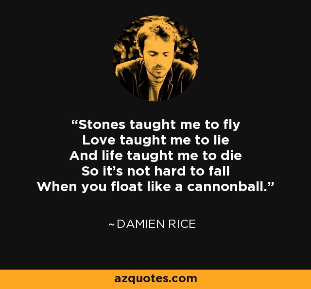 Stones taught me to fly Love taught me to lie And life taught me to die So it's not hard to fall When you float like a cannonball. - Damien Rice
