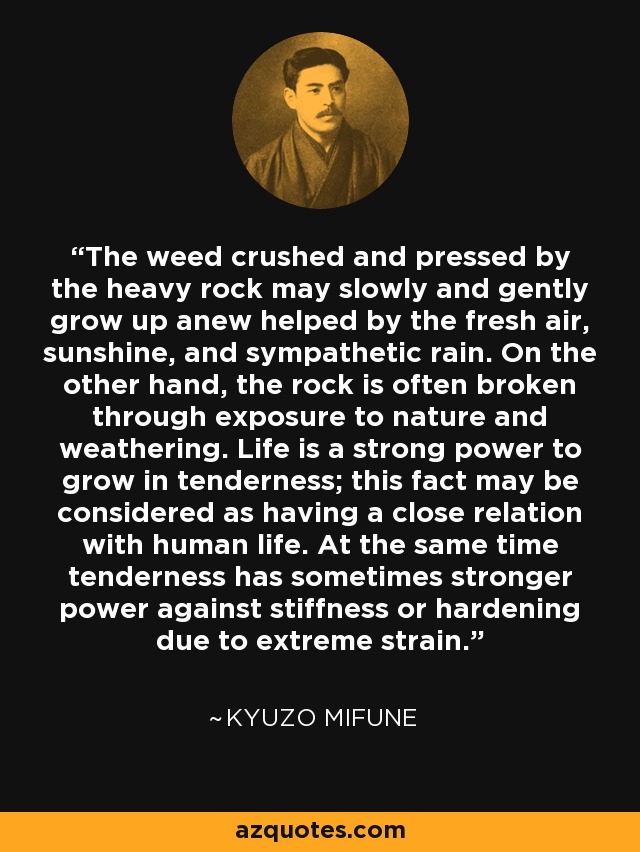 The weed crushed and pressed by the heavy rock may slowly and gently grow up anew helped by the fresh air, sunshine, and sympathetic rain. On the other hand, the rock is often broken through exposure to nature and weathering. Life is a strong power to grow in tenderness; this fact may be considered as having a close relation with human life. At the same time tenderness has sometimes stronger power against stiffness or hardening due to extreme strain. - Kyuzo Mifune