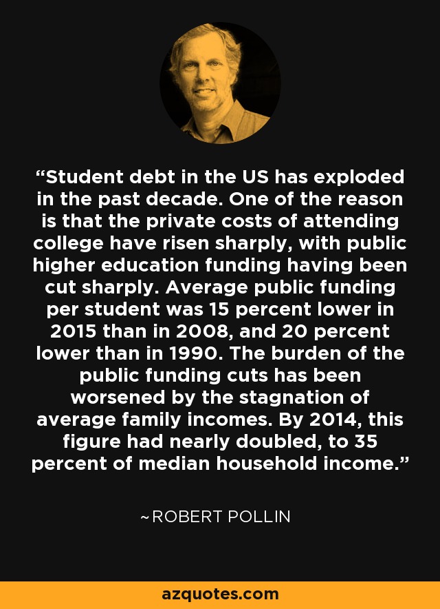 Student debt in the US has exploded in the past decade. One of the reason is that the private costs of attending college have risen sharply, with public higher education funding having been cut sharply. Average public funding per student was 15 percent lower in 2015 than in 2008, and 20 percent lower than in 1990. The burden of the public funding cuts has been worsened by the stagnation of average family incomes. By 2014, this figure had nearly doubled, to 35 percent of median household income. - Robert Pollin