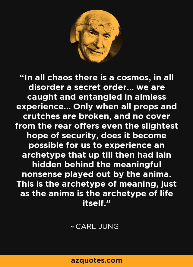 In all chaos there is a cosmos, in all disorder a secret order... we are caught and entangled in aimless experience... Only when all props and crutches are broken, and no cover from the rear offers even the slightest hope of security, does it become possible for us to experience an archetype that up till then had lain hidden behind the meaningful nonsense played out by the anima. This is the archetype of meaning, just as the anima is the archetype of life itself. - Carl Jung