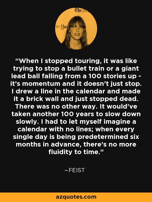 When I stopped touring, it was like trying to stop a bullet train or a giant lead ball falling from a 100 stories up - it's momentum and it doesn't just stop. I drew a line in the calendar and made it a brick wall and just stopped dead. There was no other way. It would've taken another 100 years to slow down slowly. I had to let myself imagine a calendar with no lines; when every single day is being predetermined six months in advance, there's no more fluidity to time. - Feist