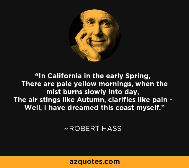 In California in the early Spring, There are pale yellow mornings, when the mist burns slowly into day, The air stings like Autumn, clarifies like pain - Well, I have dreamed this coast myself. - Robert Hass