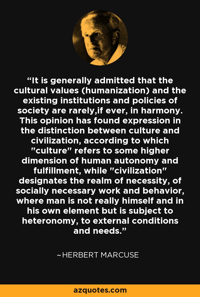 It is generally admitted that the cultural values (humanization) and the existing institutions and policies of society are rarely,if ever, in harmony. This opinion has found expression in the distinction between culture and civilization, according to which 