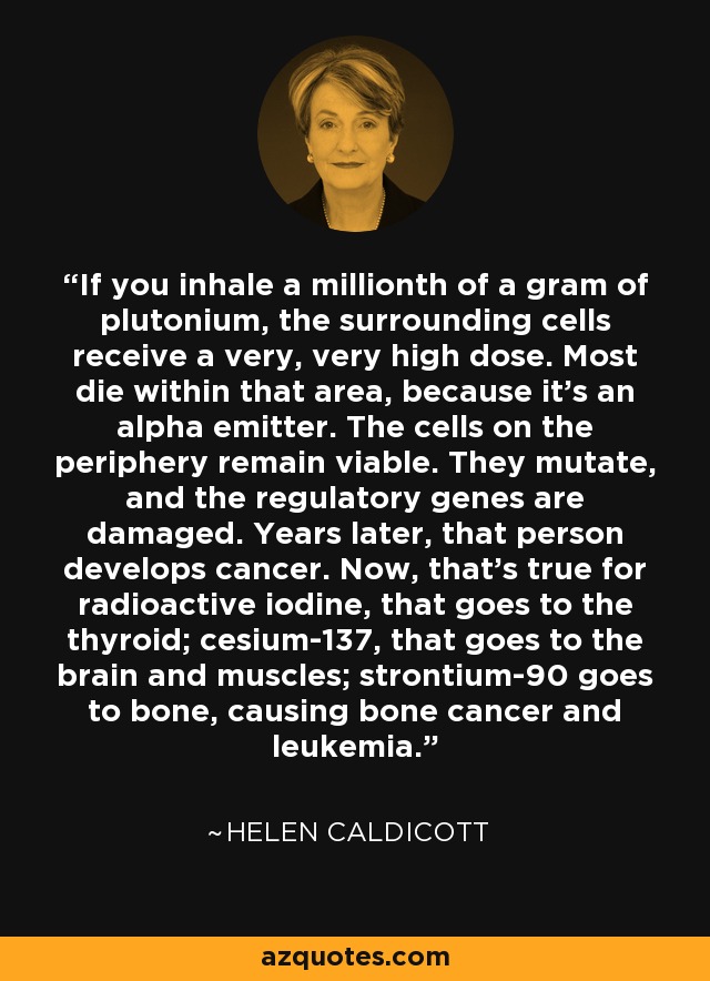 If you inhale a millionth of a gram of plutonium, the surrounding cells receive a very, very high dose. Most die within that area, because it's an alpha emitter. The cells on the periphery remain viable. They mutate, and the regulatory genes are damaged. Years later, that person develops cancer. Now, that's true for radioactive iodine, that goes to the thyroid; cesium-137, that goes to the brain and muscles; strontium-90 goes to bone, causing bone cancer and leukemia. - Helen Caldicott