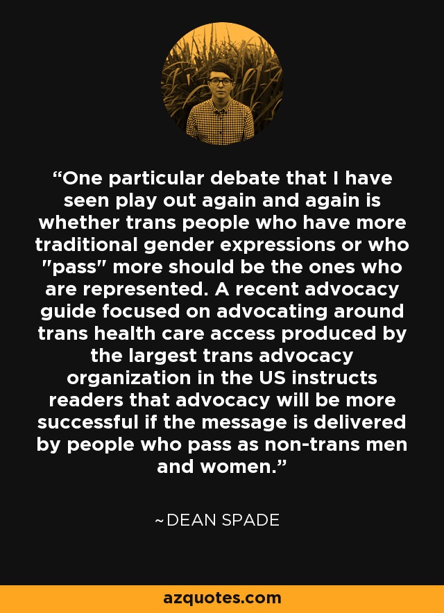 One particular debate that I have seen play out again and again is whether trans people who have more traditional gender expressions or who 