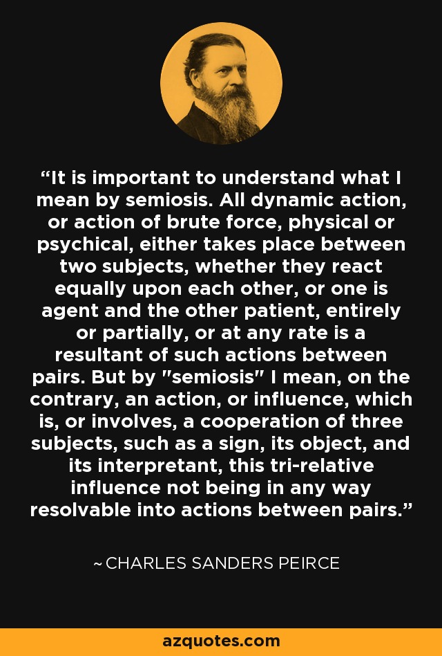 It is important to understand what I mean by semiosis. All dynamic action, or action of brute force, physical or psychical, either takes place between two subjects, whether they react equally upon each other, or one is agent and the other patient, entirely or partially, or at any rate is a resultant of such actions between pairs. But by 