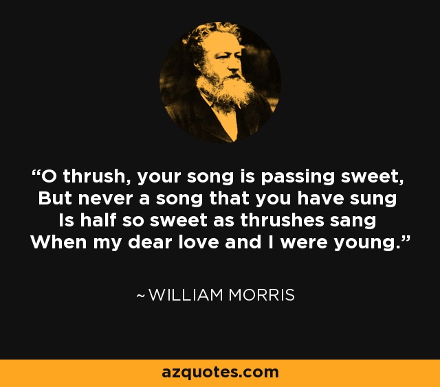 O thrush, your song is passing sweet, But never a song that you have sung Is half so sweet as thrushes sang When my dear love and I were young. - William Morris