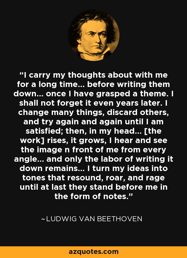 I carry my thoughts about with me for a long time... before writing them down... once I have grasped a theme. I shall not forget it even years later. I change many things, discard others, and try again and again until I am satisfied; then, in my head... [the work] rises, it grows, I hear and see the image n front of me from every angle... and only the labor of writing it down remains... I turn my ideas into tones that resound, roar, and rage until at last they stand before me in the form of notes. - Ludwig van Beethoven