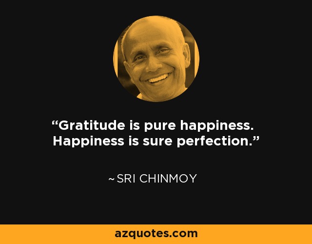 Gratitude is pure happiness. Happiness is sure perfection. - Sri Chinmoy