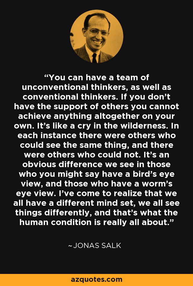 You can have a team of unconventional thinkers, as well as conventional thinkers. If you don't have the support of others you cannot achieve anything altogether on your own. It's like a cry in the wilderness. In each instance there were others who could see the same thing, and there were others who could not. It's an obvious difference we see in those who you might say have a bird's eye view, and those who have a worm's eye view. I've come to realize that we all have a different mind set, we all see things differently, and that's what the human condition is really all about. - Jonas Salk