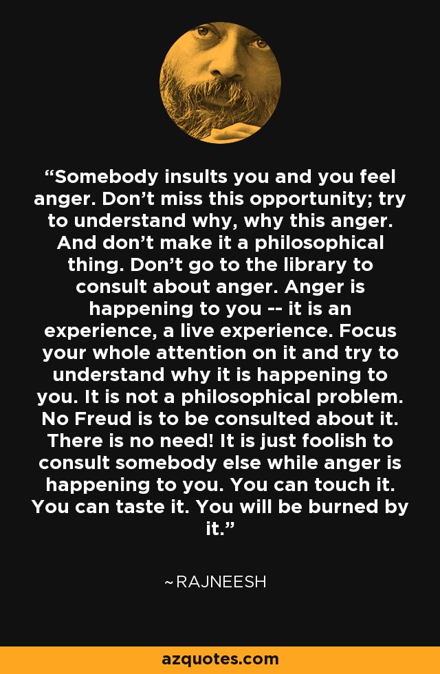 Somebody insults you and you feel anger. Don't miss this opportunity; try to understand why, why this anger. And don't make it a philosophical thing. Don't go to the library to consult about anger. Anger is happening to you -- it is an experience, a live experience. Focus your whole attention on it and try to understand why it is happening to you. It is not a philosophical problem. No Freud is to be consulted about it. There is no need! It is just foolish to consult somebody else while anger is happening to you. You can touch it. You can taste it. You will be burned by it. - Rajneesh
