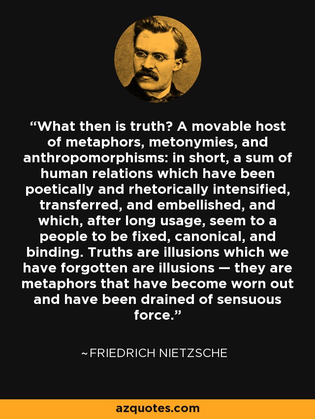 What then is truth? A movable host of metaphors, metonymies, and anthropomorphisms: in short, a sum of human relations which have been poetically and rhetorically intensified, transferred, and embellished, and which, after long usage, seem to a people to be fixed, canonical, and binding. Truths are illusions which we have forgotten are illusions — they are metaphors that have become worn out and have been drained of sensuous force. - Friedrich Nietzsche