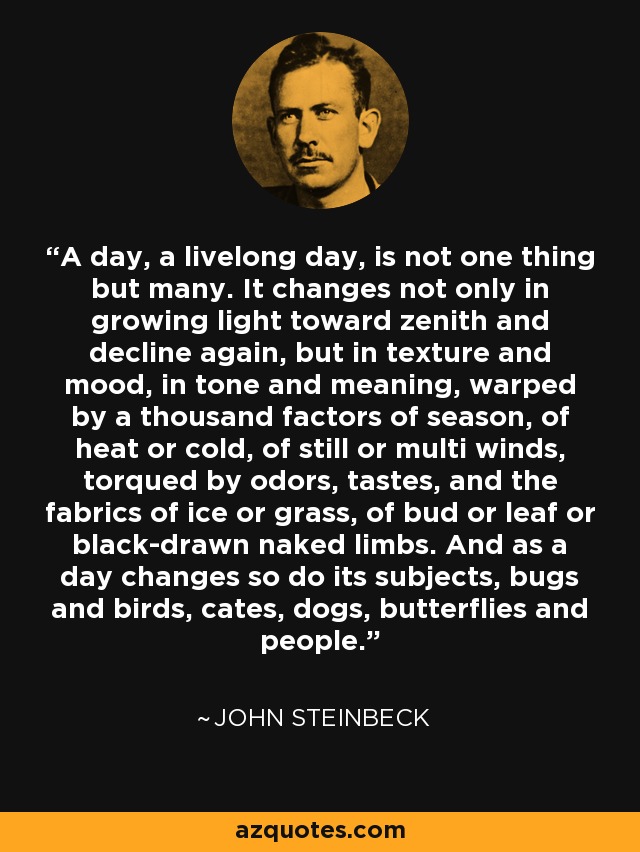 A day, a livelong day, is not one thing but many. It changes not only in growing light toward zenith and decline again, but in texture and mood, in tone and meaning, warped by a thousand factors of season, of heat or cold, of still or multi winds, torqued by odors, tastes, and the fabrics of ice or grass, of bud or leaf or black-drawn naked limbs. And as a day changes so do its subjects, bugs and birds, cates, dogs, butterflies and people. - John Steinbeck
