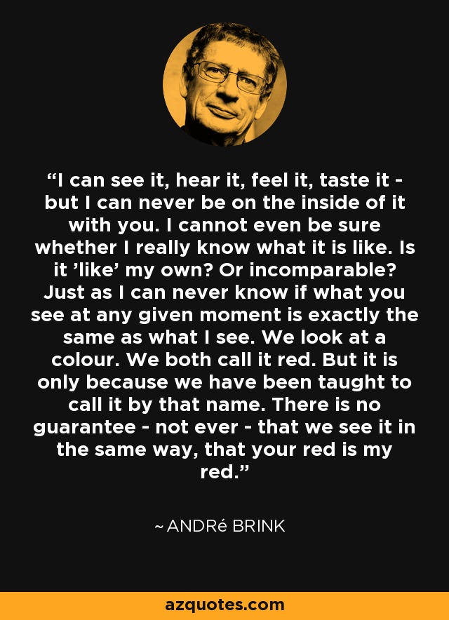 I can see it, hear it, feel it, taste it - but I can never be on the inside of it with you. I cannot even be sure whether I really know what it is like. Is it 'like' my own? Or incomparable? Just as I can never know if what you see at any given moment is exactly the same as what I see. We look at a colour. We both call it red. But it is only because we have been taught to call it by that name. There is no guarantee - not ever - that we see it in the same way, that your red is my red. - André Brink