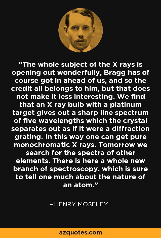 The whole subject of the X rays is opening out wonderfully, Bragg has of course got in ahead of us, and so the credit all belongs to him, but that does not make it less interesting. We find that an X ray bulb with a platinum target gives out a sharp line spectrum of five wavelengths which the crystal separates out as if it were a diffraction grating. In this way one can get pure monochromatic X rays. Tomorrow we search for the spectra of other elements. There is here a whole new branch of spectroscopy, which is sure to tell one much about the nature of an atom. - Henry Moseley