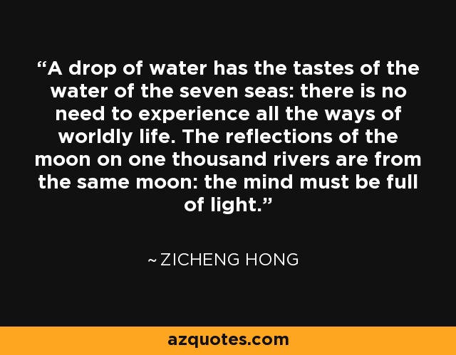 A drop of water has the tastes of the water of the seven seas: there is no need to experience all the ways of worldly life. The reflections of the moon on one thousand rivers are from the same moon: the mind must be full of light. - Zicheng Hong
