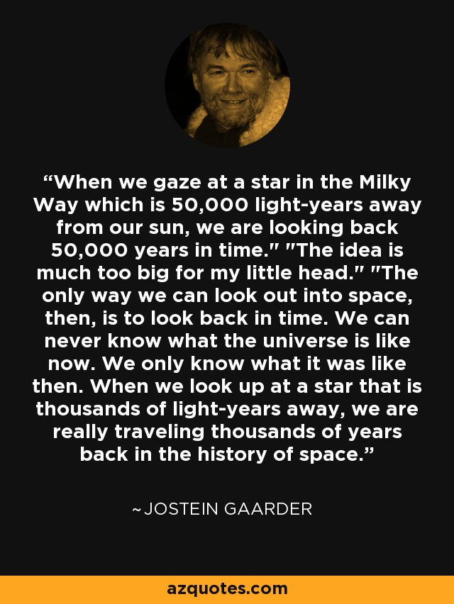 When we gaze at a star in the Milky Way which is 50,000 light-years away from our sun, we are looking back 50,000 years in time.