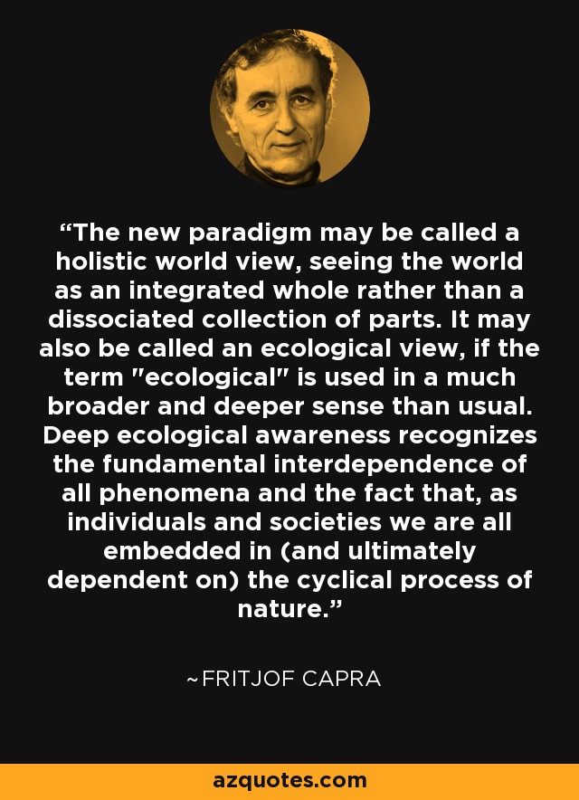 The new paradigm may be called a holistic world view, seeing the world as an integrated whole rather than a dissociated collection of parts. It may also be called an ecological view, if the term 