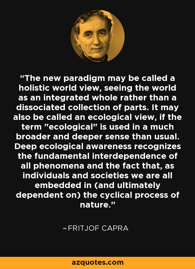 The new paradigm may be called a holistic world view, seeing the world as an integrated whole rather than a dissociated collection of parts. It may also be called an ecological view, if the term 
