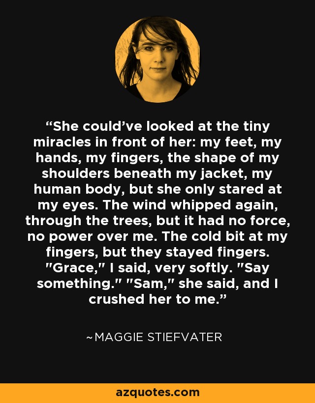 She could've looked at the tiny miracles in front of her: my feet, my hands, my fingers, the shape of my shoulders beneath my jacket, my human body, but she only stared at my eyes. The wind whipped again, through the trees, but it had no force, no power over me. The cold bit at my fingers, but they stayed fingers. 