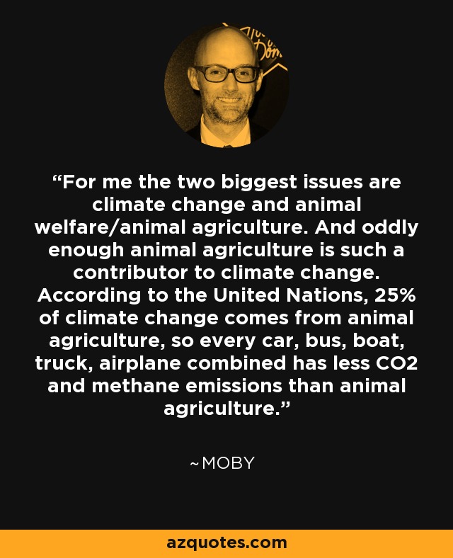 For me the two biggest issues are climate change and animal welfare/animal agriculture. And oddly enough animal agriculture is such a contributor to climate change. According to the United Nations, 25% of climate change comes from animal agriculture, so every car, bus, boat, truck, airplane combined has less CO2 and methane emissions than animal agriculture. - Moby
