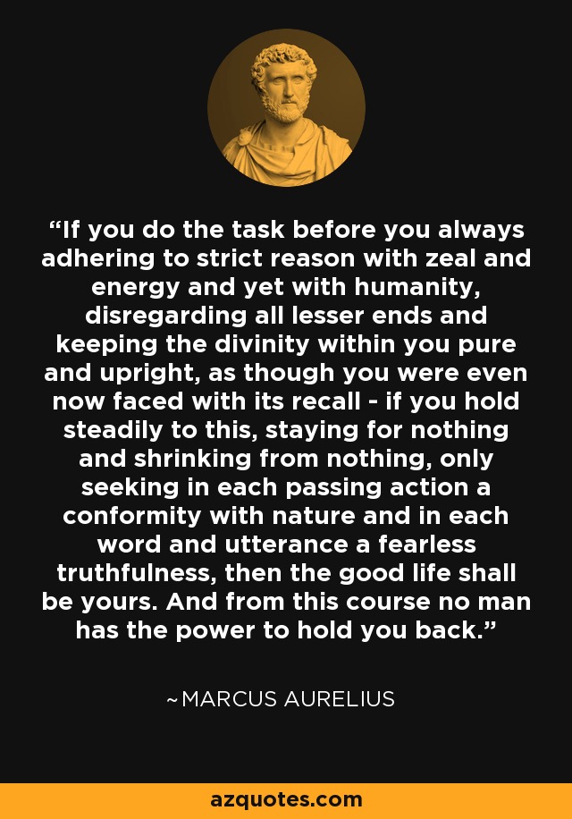 If you do the task before you always adhering to strict reason with zeal and energy and yet with humanity, disregarding all lesser ends and keeping the divinity within you pure and upright, as though you were even now faced with its recall - if you hold steadily to this, staying for nothing and shrinking from nothing, only seeking in each passing action a conformity with nature and in each word and utterance a fearless truthfulness, then the good life shall be yours. And from this course no man has the power to hold you back. - Marcus Aurelius