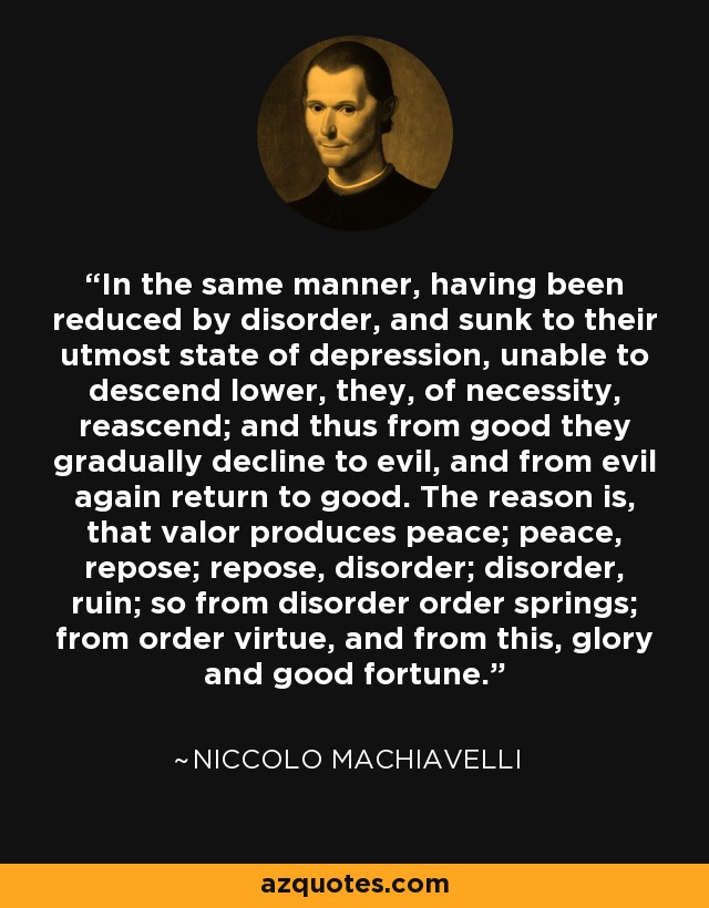 In the same manner, having been reduced by disorder, and sunk to their utmost state of depression, unable to descend lower, they, of necessity, reascend; and thus from good they gradually decline to evil, and from evil again return to good. The reason is, that valor produces peace; peace, repose; repose, disorder; disorder, ruin; so from disorder order springs; from order virtue, and from this, glory and good fortune. - Niccolo Machiavelli