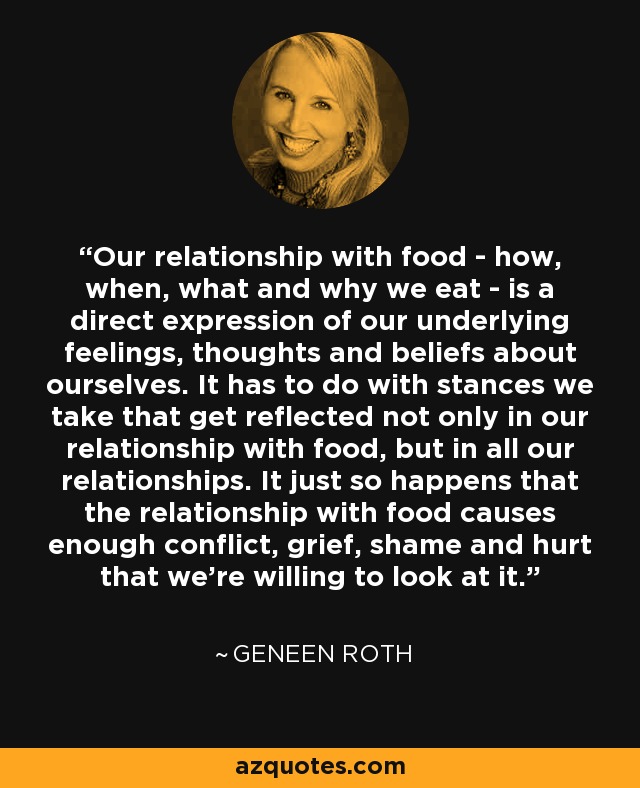 Our relationship with food - how, when, what and why we eat - is a direct expression of our underlying feelings, thoughts and beliefs about ourselves. It has to do with stances we take that get reflected not only in our relationship with food, but in all our relationships. It just so happens that the relationship with food causes enough conflict, grief, shame and hurt that we’re willing to look at it. - Geneen Roth
