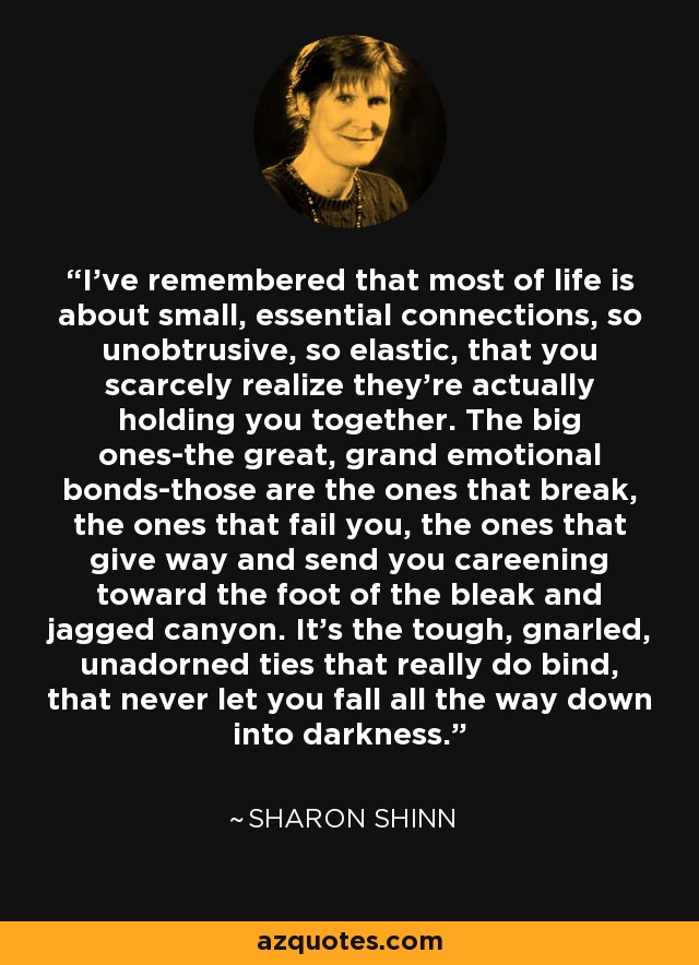 I've remembered that most of life is about small, essential connections, so unobtrusive, so elastic, that you scarcely realize they're actually holding you together. The big ones-the great, grand emotional bonds-those are the ones that break, the ones that fail you, the ones that give way and send you careening toward the foot of the bleak and jagged canyon. It's the tough, gnarled, unadorned ties that really do bind, that never let you fall all the way down into darkness. - Sharon Shinn